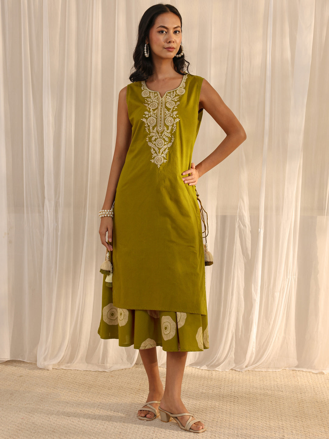  Green Embroidered A-Line Cotton One Piece Dress 