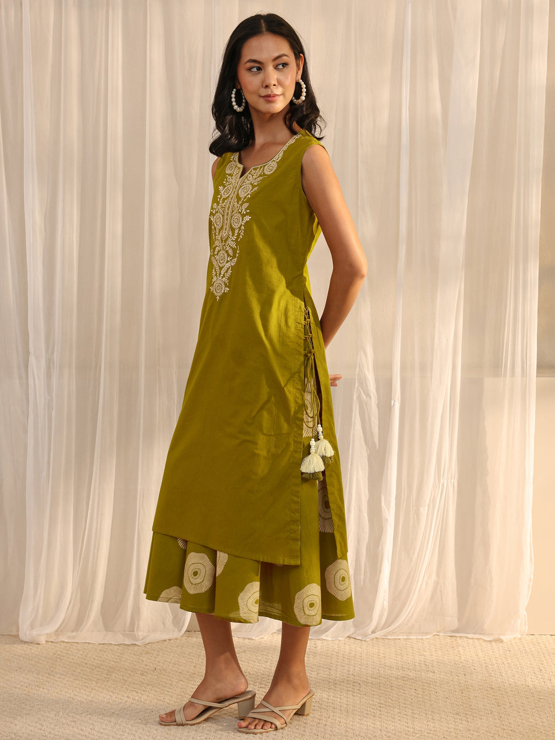  Green Embroidered A-Line Cotton One Piece Dress 