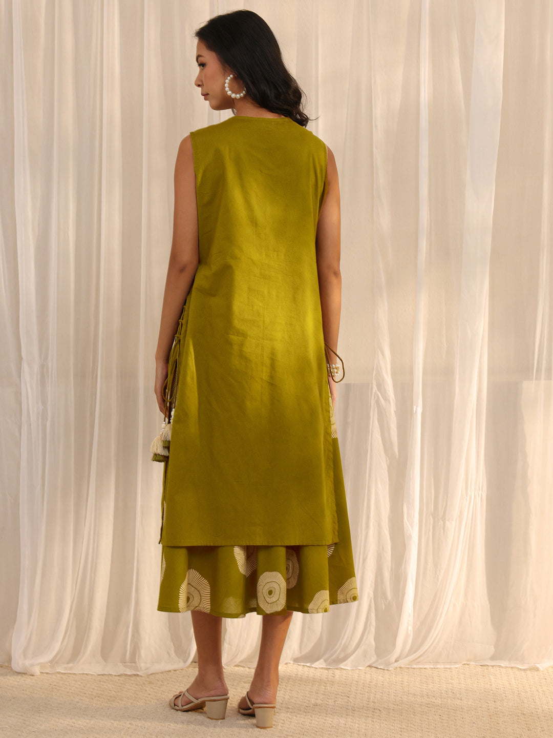  Green Embroidered A-Line Cotton One Piece Dress 