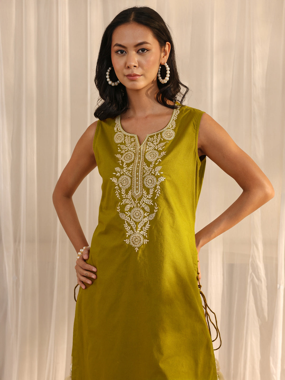  Green Embroidered A-Line Cotton One Piece Dress 