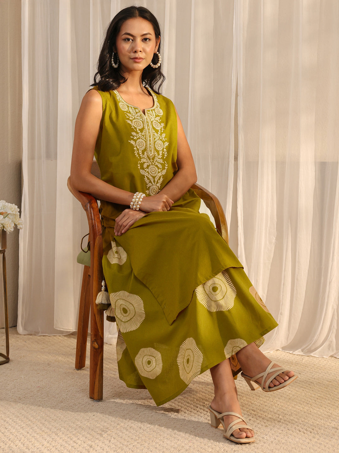  Green Embroidered A-Line Cotton One Piece Dress 