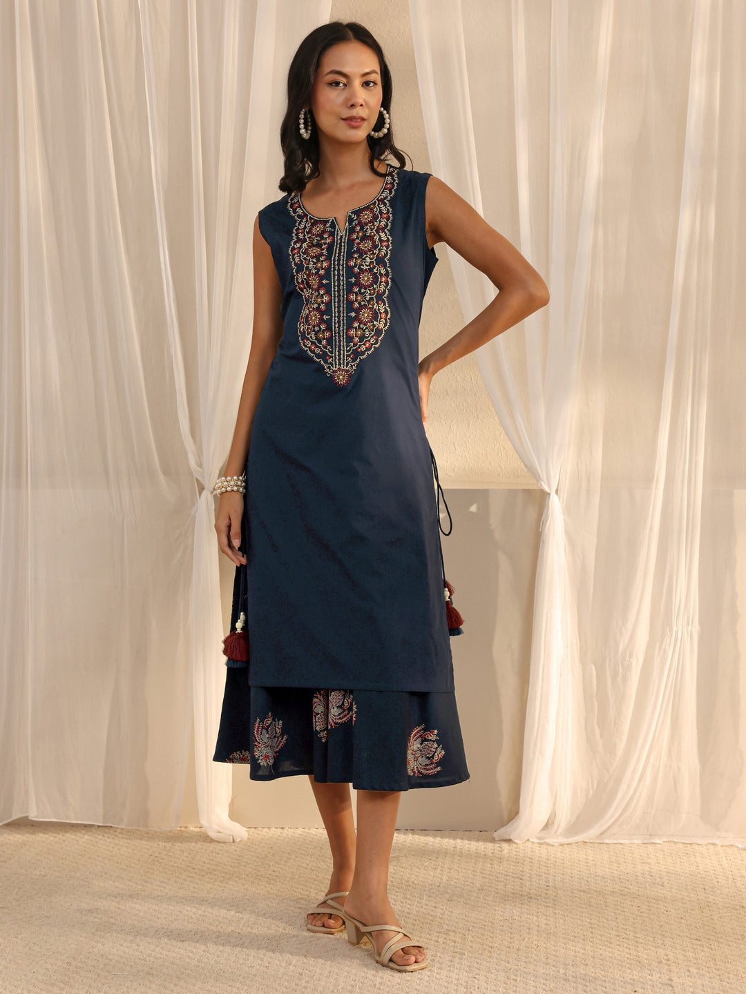  Blue Floral Embroidered Cotton A-Line One Piece Dress 