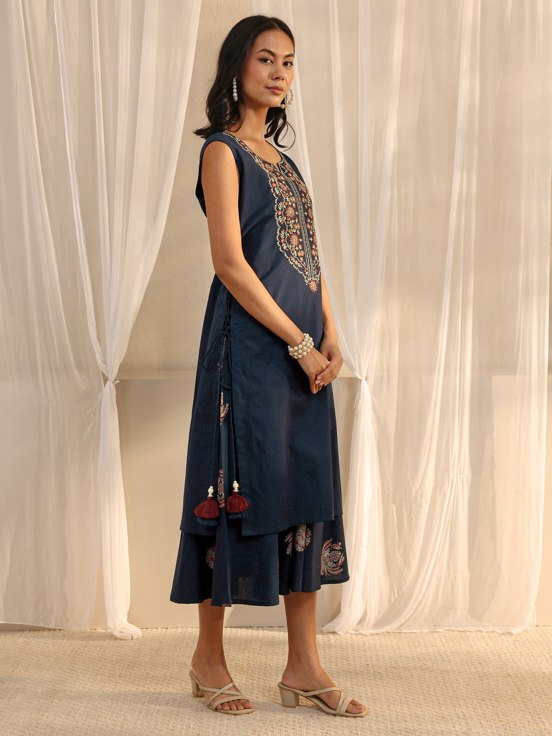  Blue Floral Embroidered Cotton A-Line One Piece Dress 