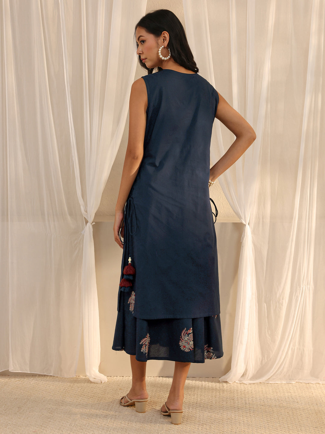  Blue Floral Embroidered Cotton A-Line One Piece Dress 