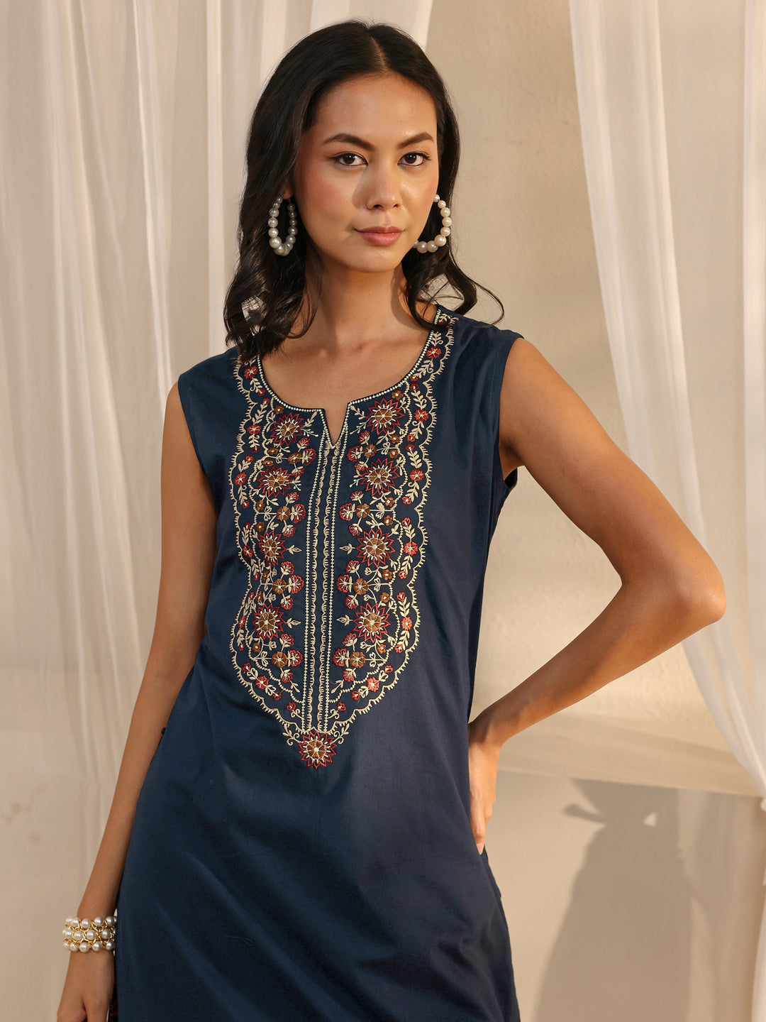  Blue Floral Embroidered Cotton A-Line One Piece Dress 