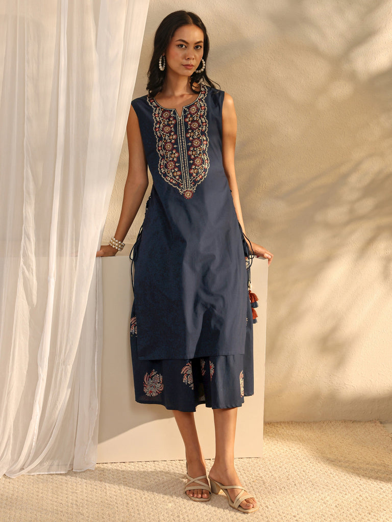 Libas Blue Floral Embroidered Cotton A-Line One Piece Dress