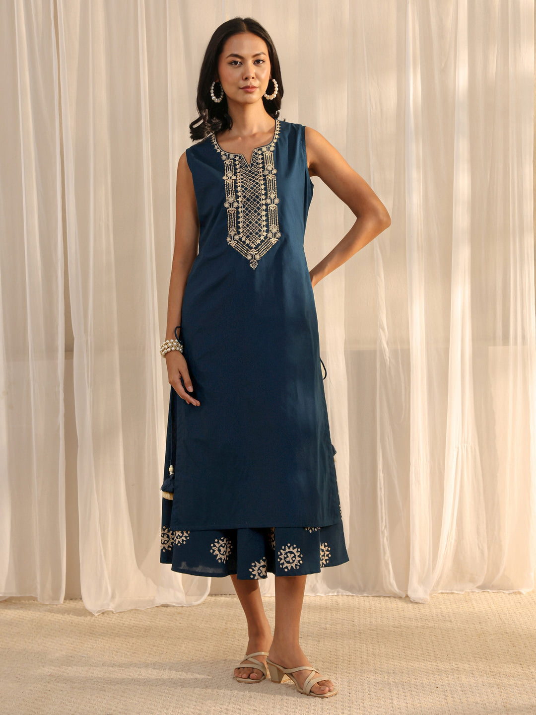  Blue Ethnic Motif Embroidered Cotton A-Line One Piece Dress 