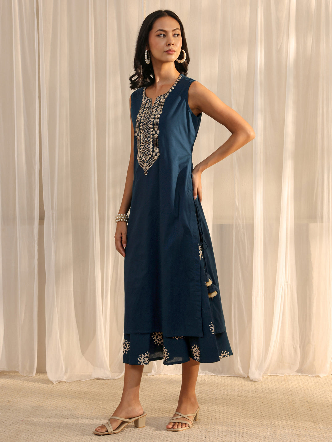  Blue Ethnic Motif Embroidered Cotton A-Line One Piece Dress 