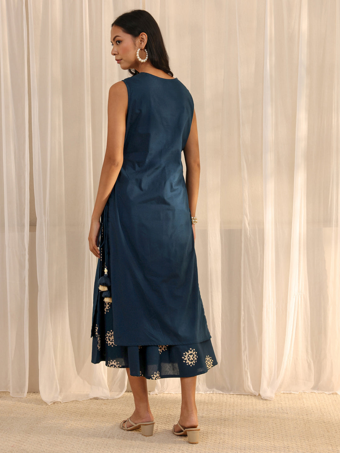  Blue Ethnic Motif Embroidered Cotton A-Line One Piece Dress 