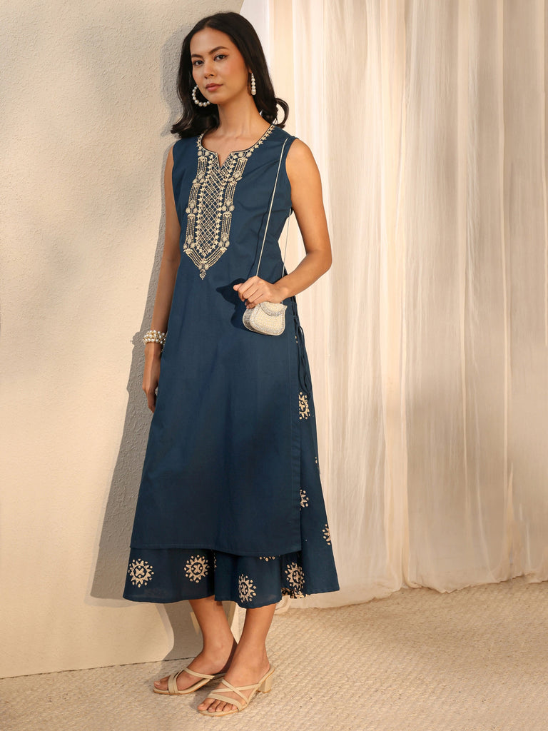Libas Blue Ethnic Motif Embroidered Cotton A-Line One Piece Dress