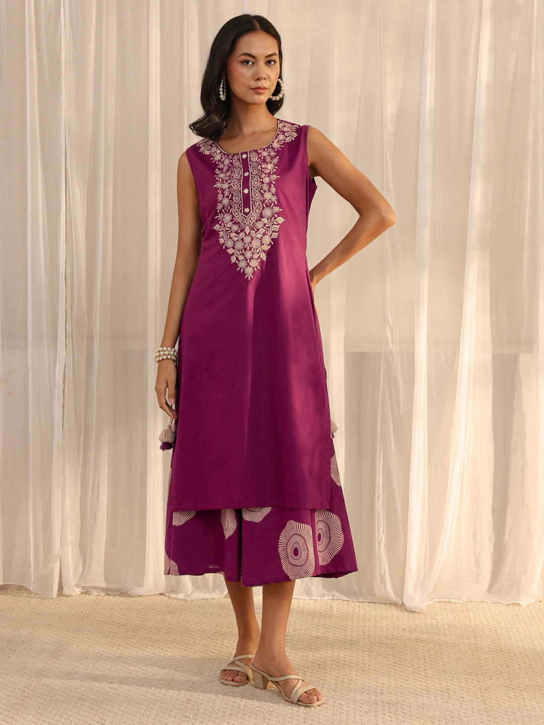  Burgundy Floral Embroidered Cotton A-Line One Piece Dress 