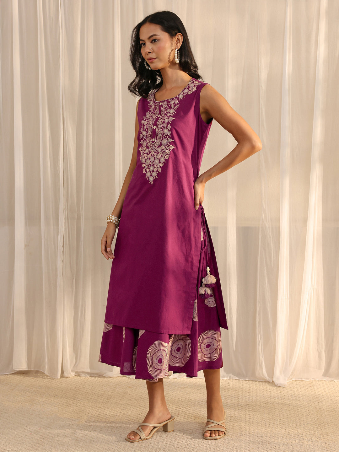 Burgundy Floral Embroidered Cotton A-Line One Piece Dress 