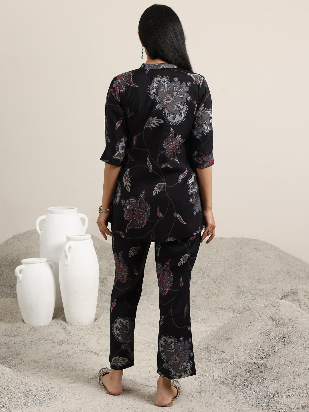  Black Printed Silk Blend Co-Ords 