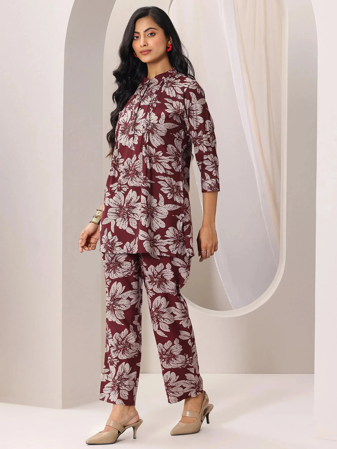  Maroon Printed Silk Blend Co-Ord Sets 