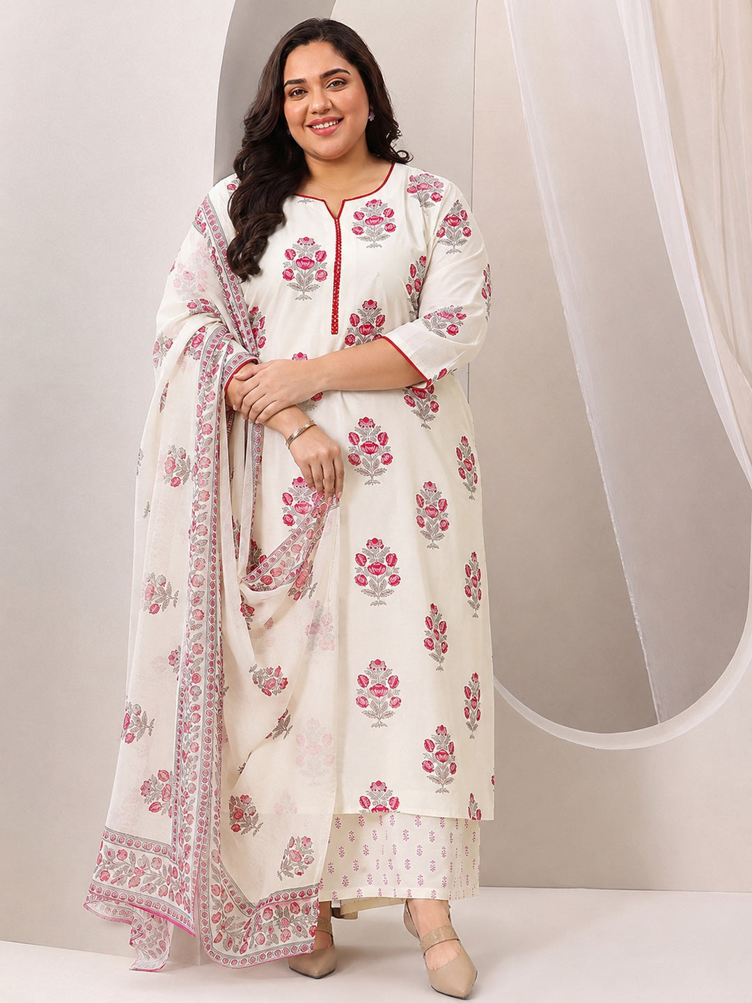 libas Plus Size Off White Floral Printed Silk Blend Straight Suit Set-picture-35
