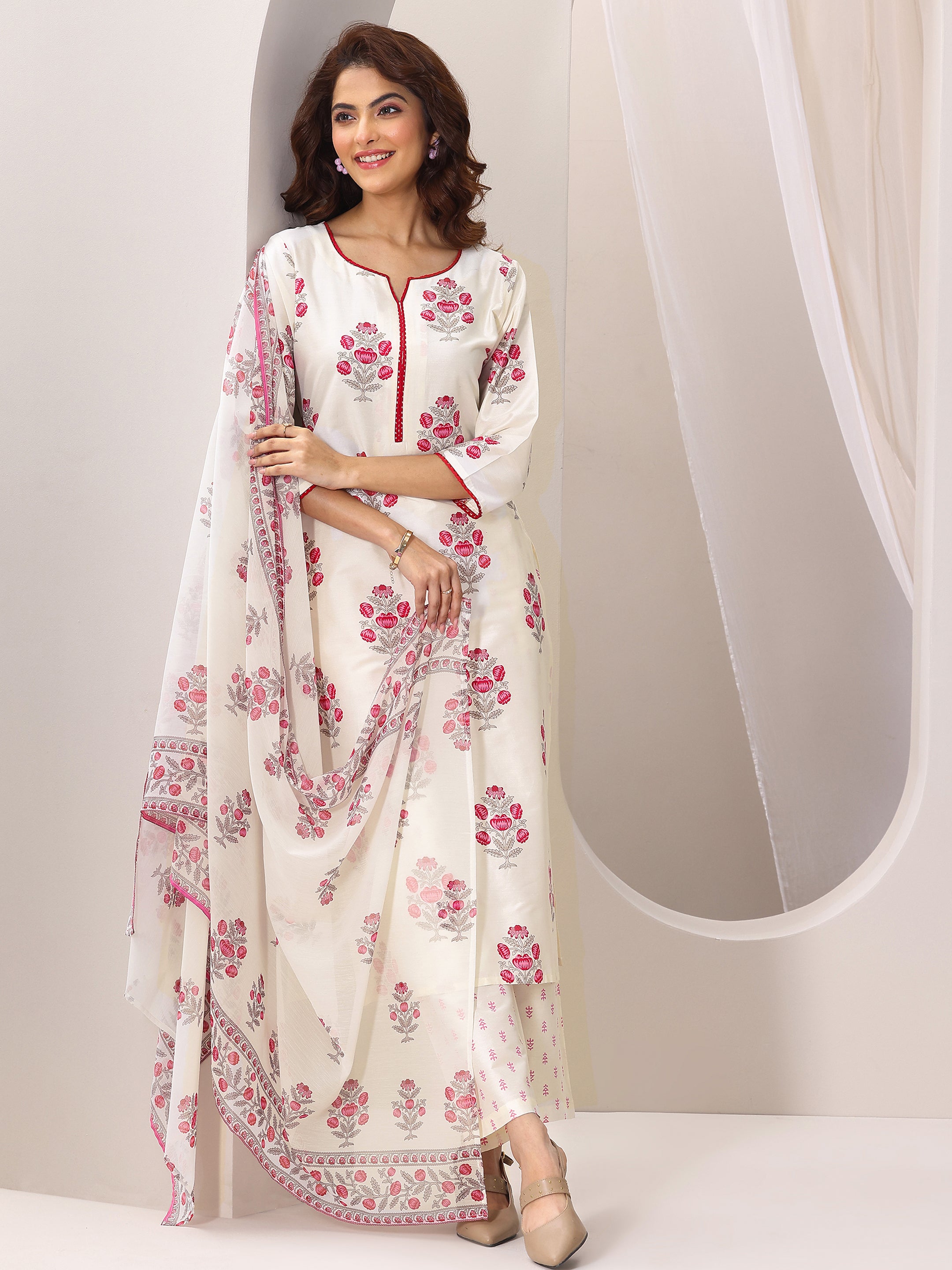 libas Off White Printed Chanderi Silk Straight Suit Set With Dupatta-picture-33