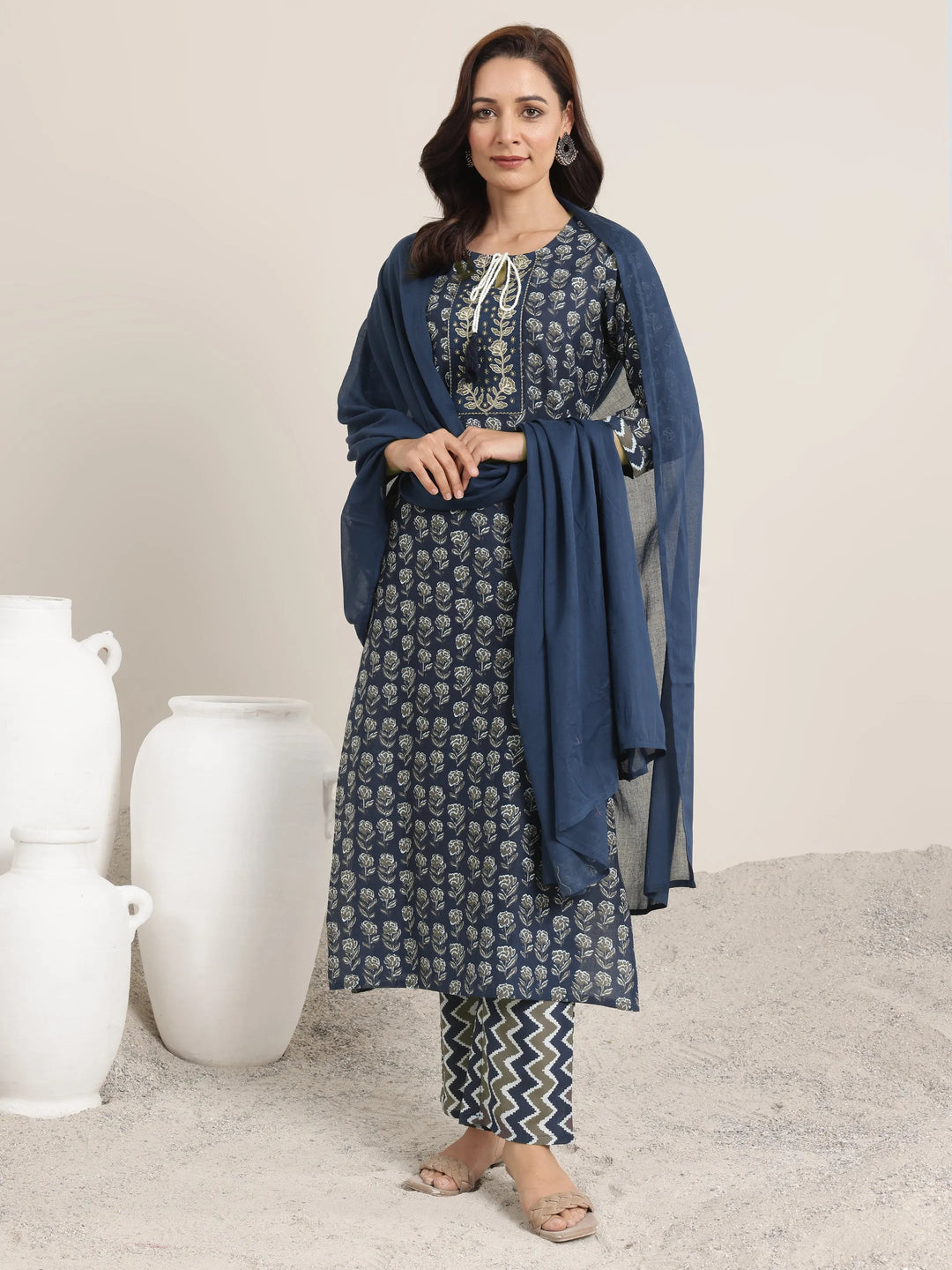  Navy Printed Cotton Straight Suit Set With Dupatta 