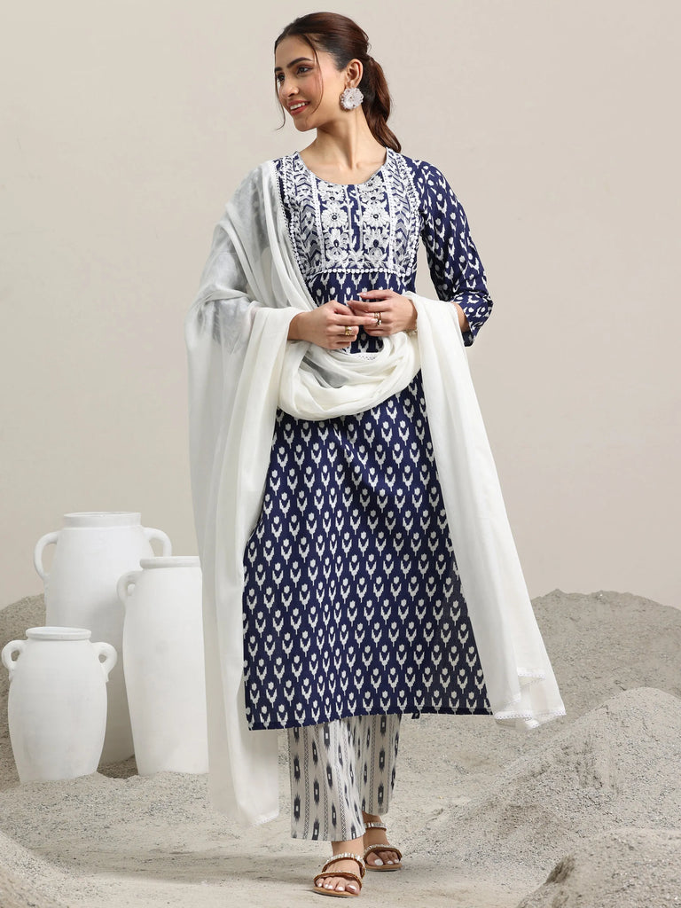Libas Blue Printed Cotton Straight Suit With Dupatta