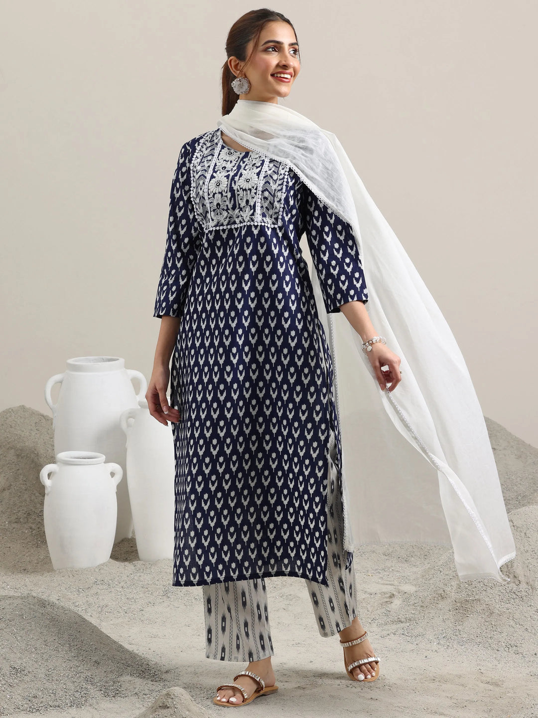  Blue Printed Cotton Straight Suit With Dupatta 