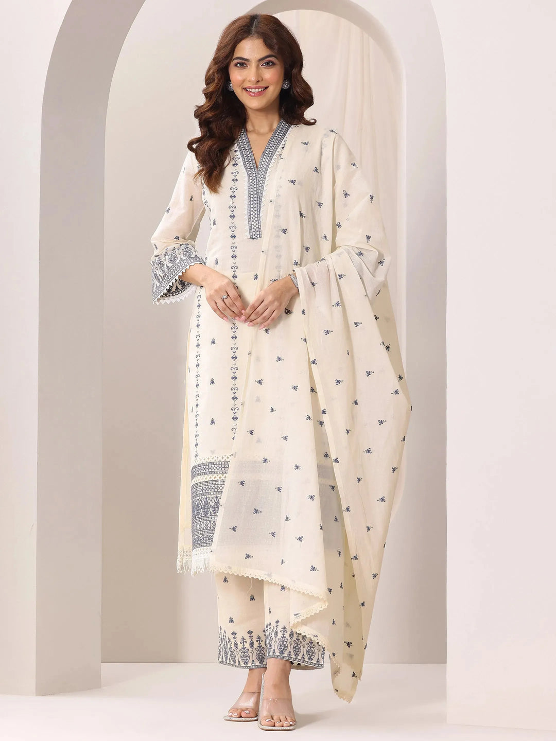  Off White Embroidered Cotton Straight Suit Set With Dupatta 