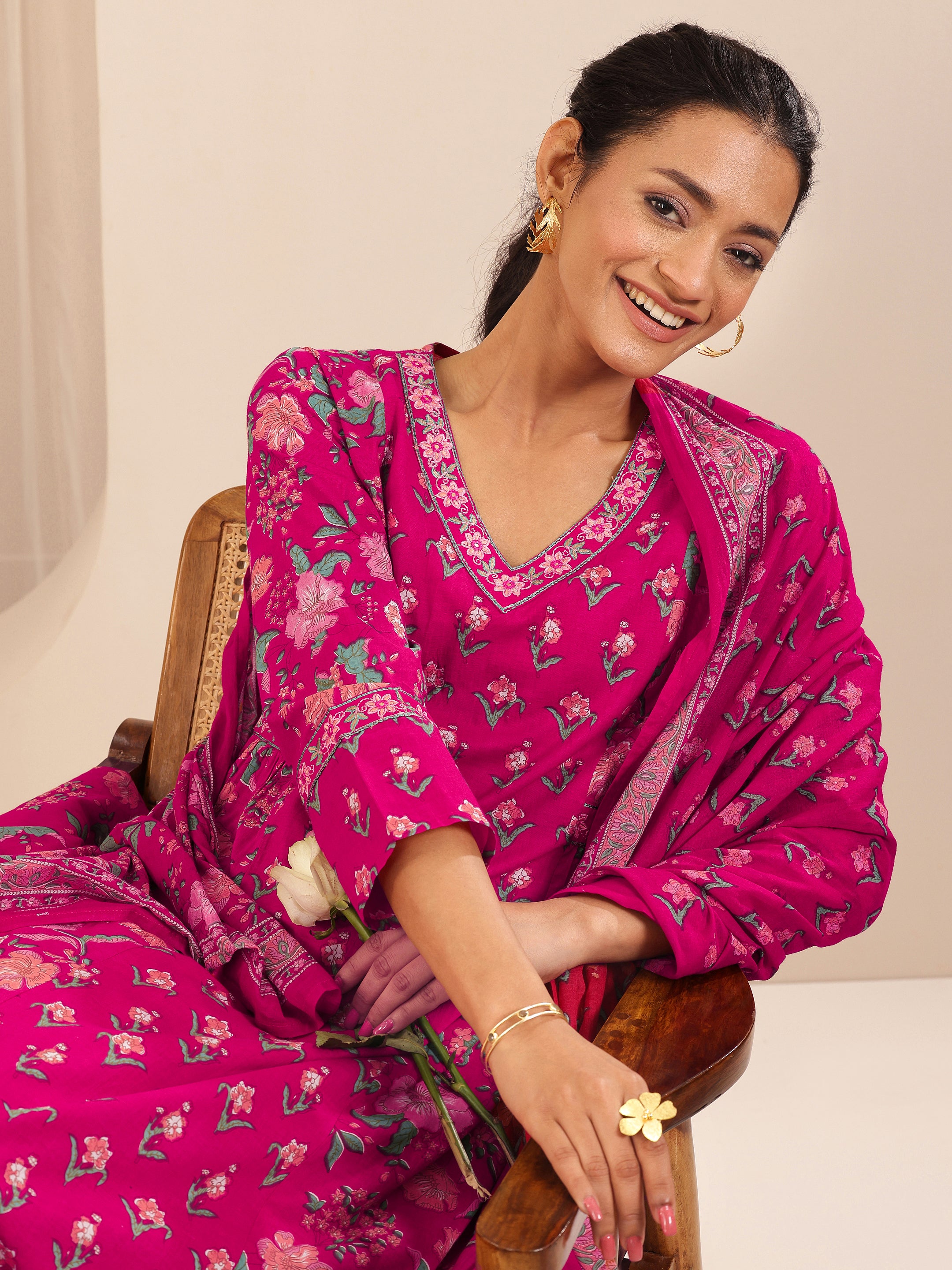 Pink Printed Cotton A-line Suit Sets With Dupatta-image-20