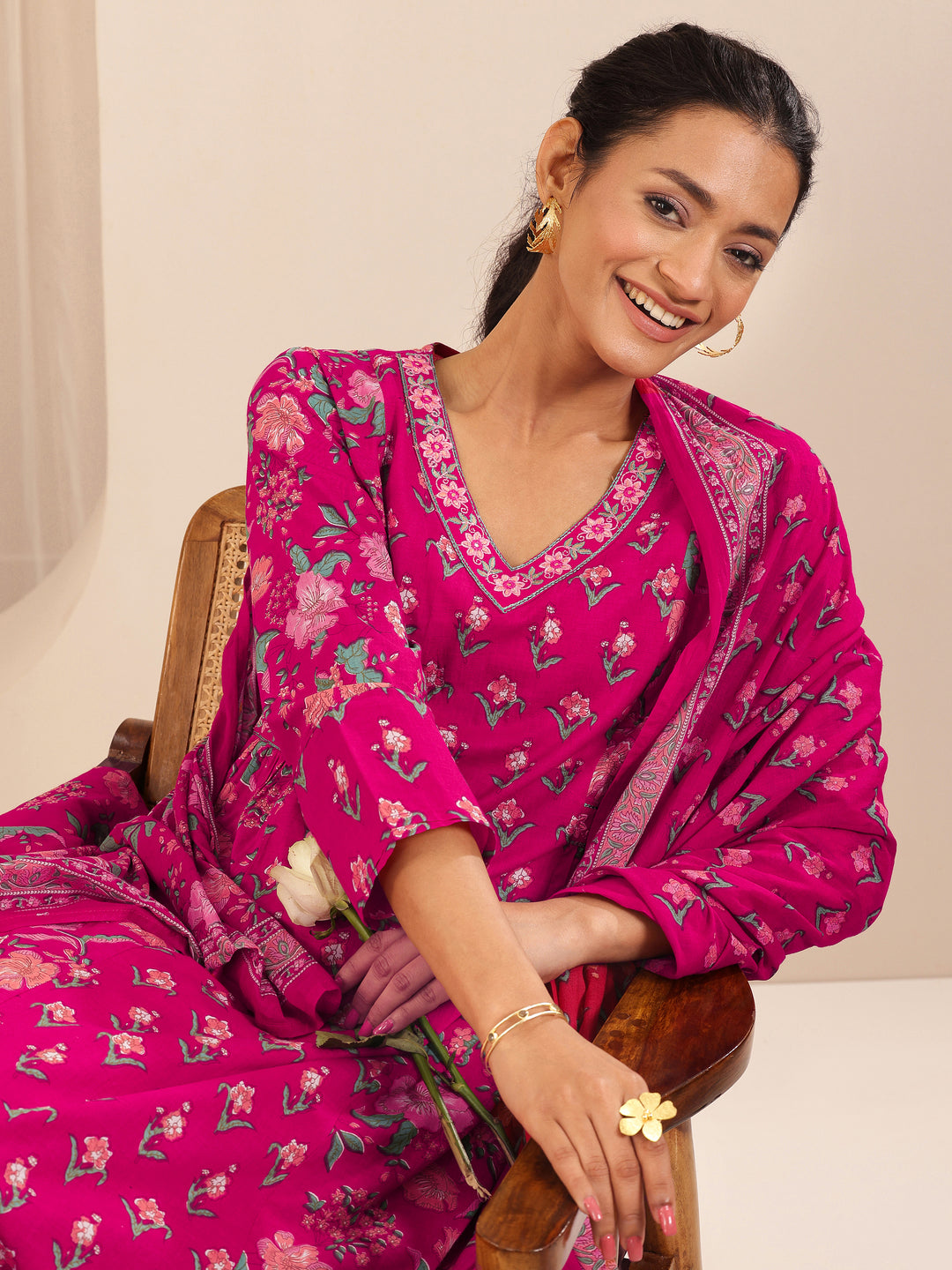 Pink Printed Cotton A-line Suit Sets With Dupatta