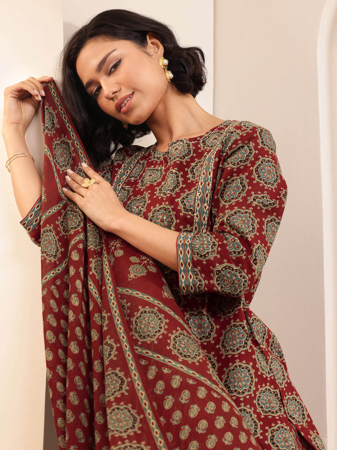  Rust Printed Cotton Straight Suit Sets With Dupatta 