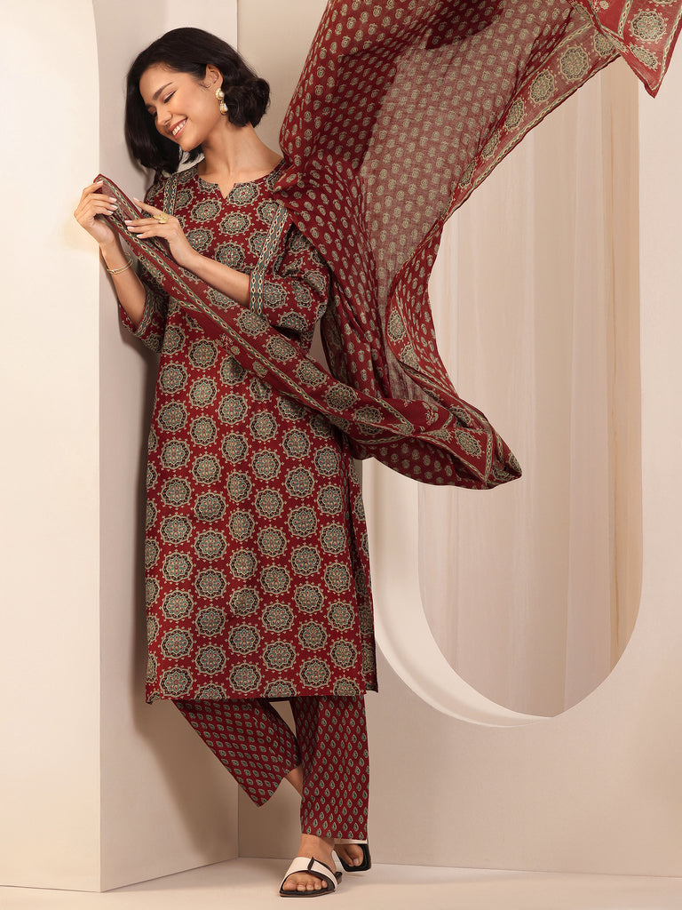 Libas Rust Printed Cotton Straight Suit Sets With Dupatta
