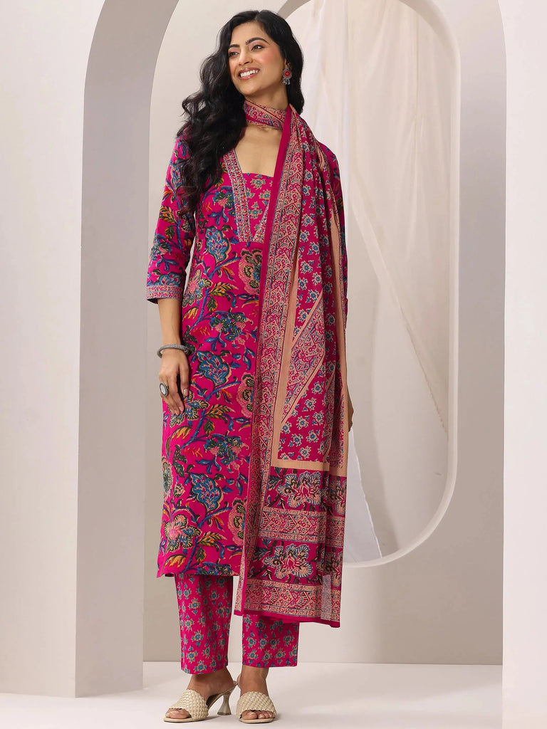 Libas Pink Printed Cotton Straight Suit Set With Dupatta
