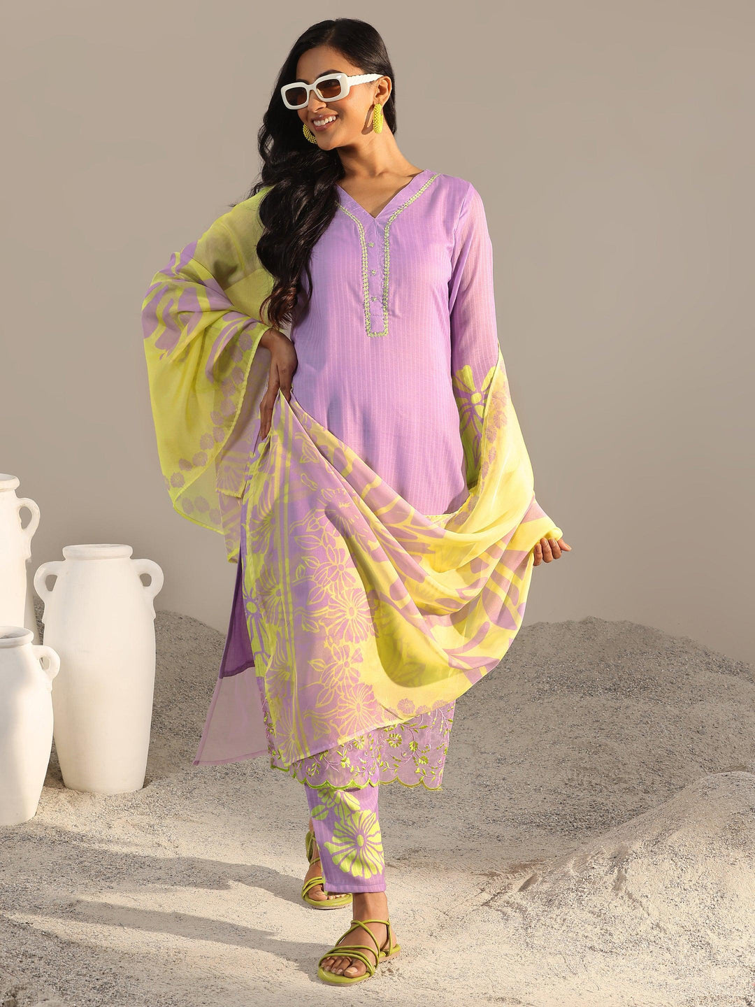  Lavender Printed Cotton Straight Suits With Dupatta 