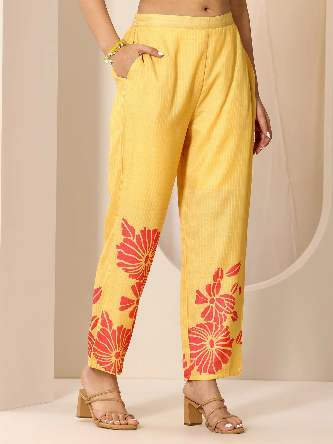  Yellow Printed Cotton Straight Suit Set With Dupatta 