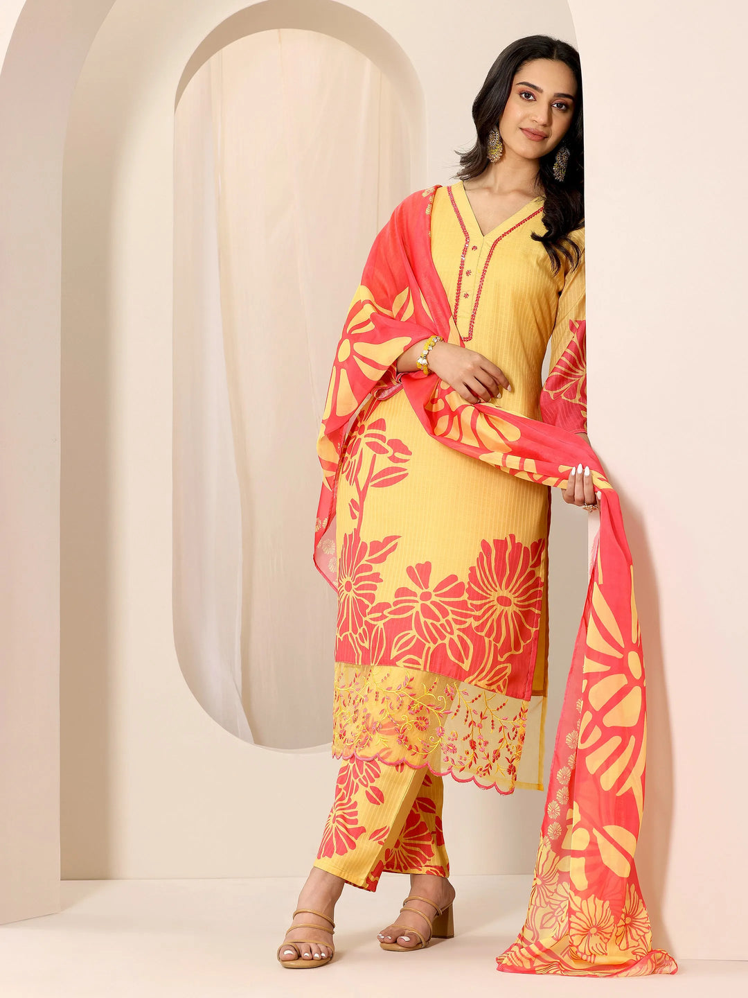  Yellow Printed Cotton Straight Suit Set With Dupatta 
