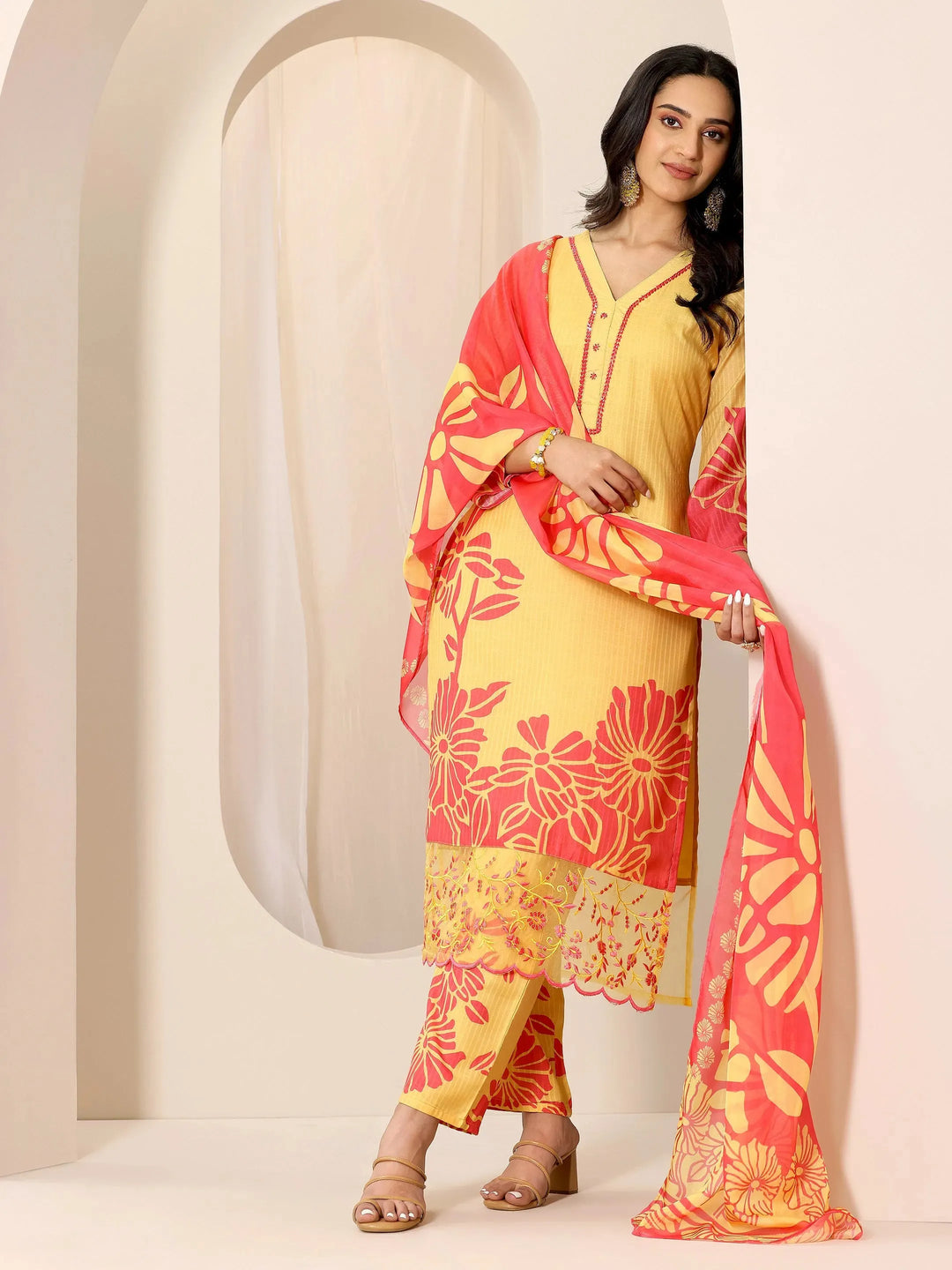  Yellow Printed Cotton Straight Suit Set With Dupatta 