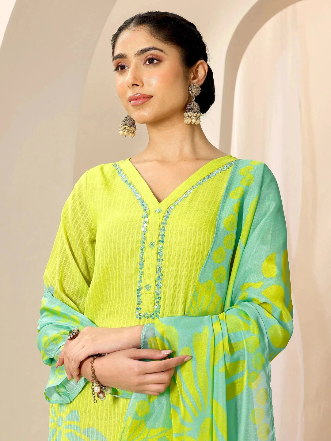 Green Printed Cotton Straight Suit Set With Dupatta