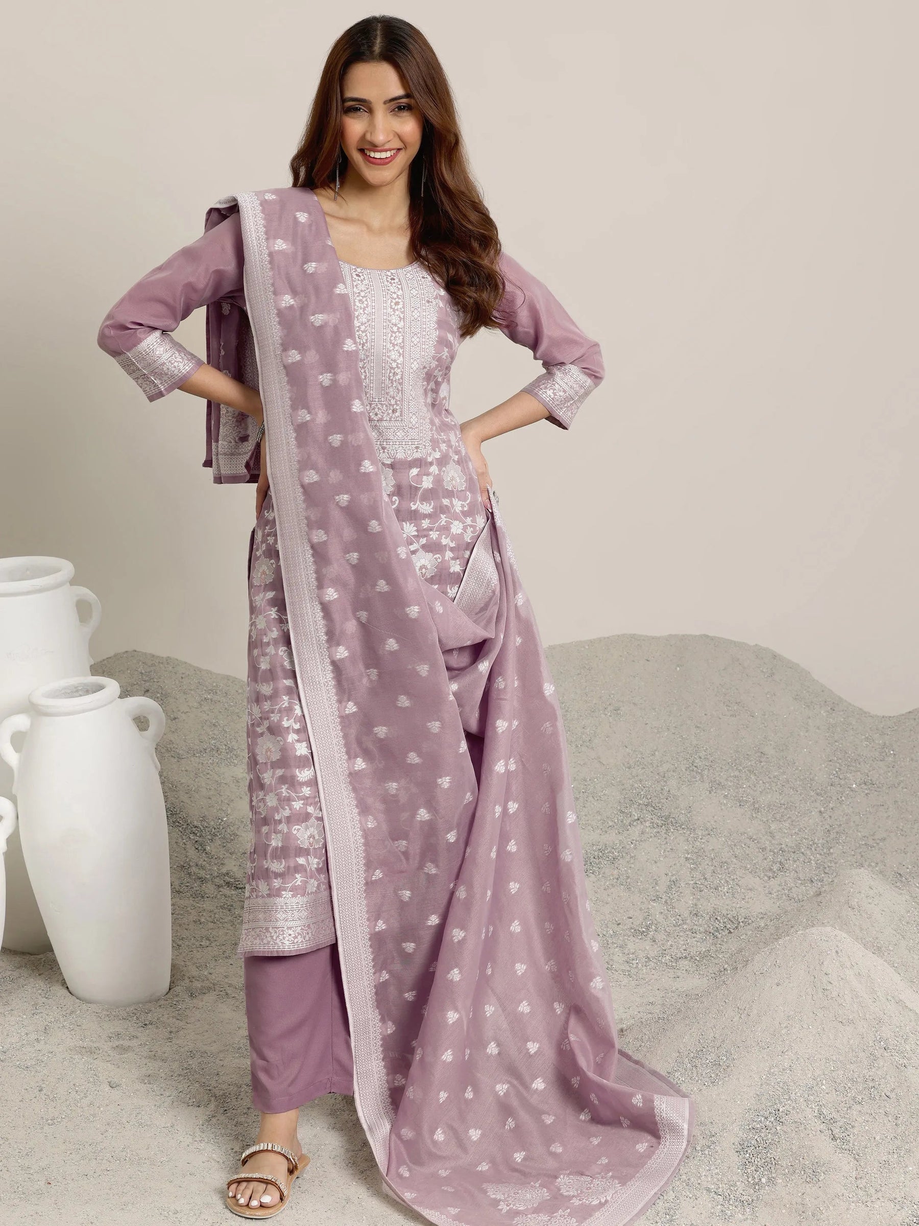 Mauve Woven Design Chanderi Silk Straight Suits With Dupatta