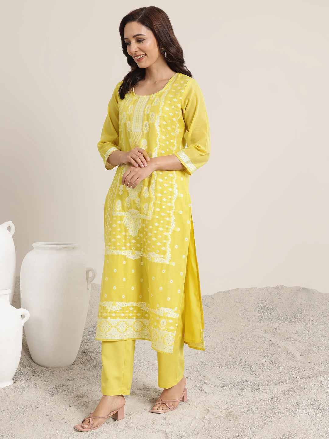  Yellow Woven Design Chanderi Silk Straight Suit Set With Dupatta 