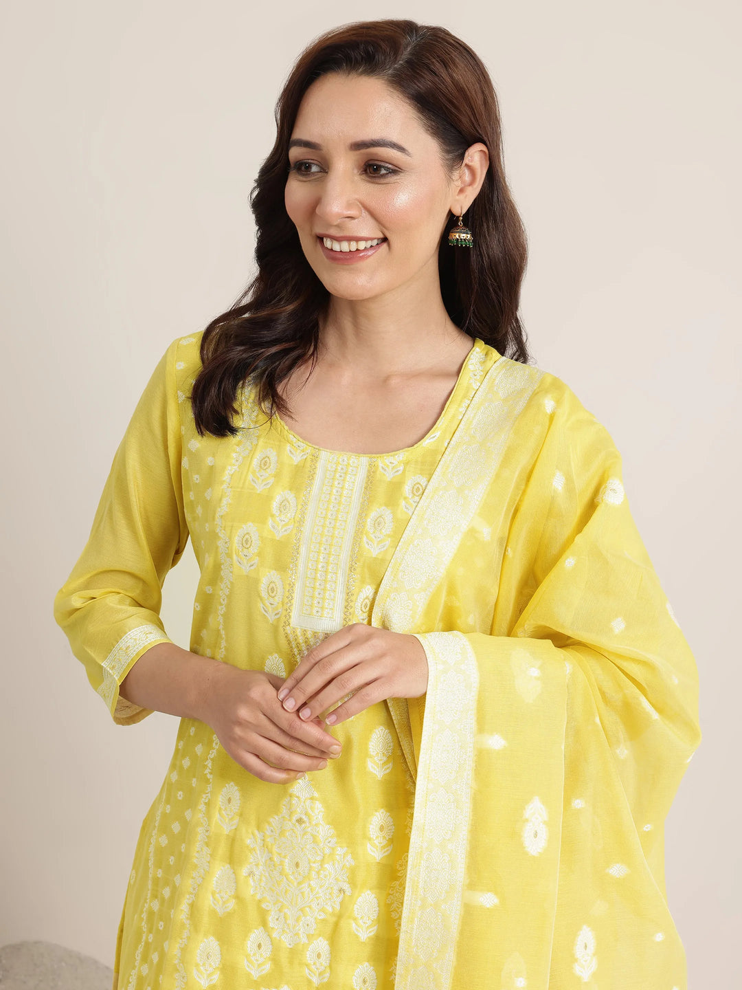  Yellow Woven Design Chanderi Silk Straight Suit Set With Dupatta 