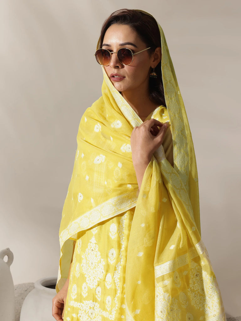 Libas Yellow Woven Design Chanderi Silk Straight Suit Set With Dupatta