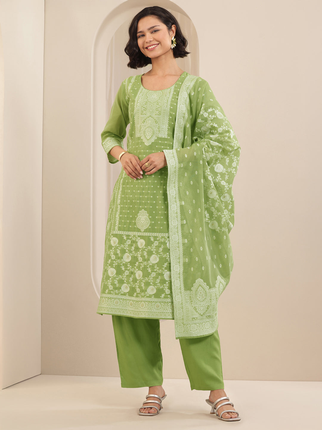  Green Self Design Chanderi Silk Straight Suit Sets With Dupatta 