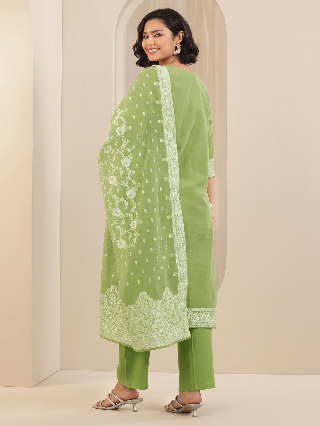  Green Self Design Chanderi Silk Straight Suit Sets With Dupatta 