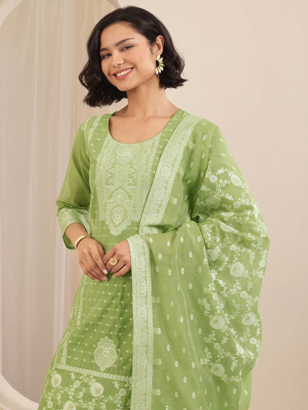  Green Self Design Chanderi Silk Straight Suit Sets With Dupatta 