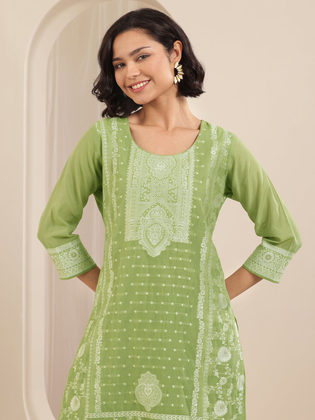  Green Self Design Chanderi Silk Straight Suit Sets With Dupatta 