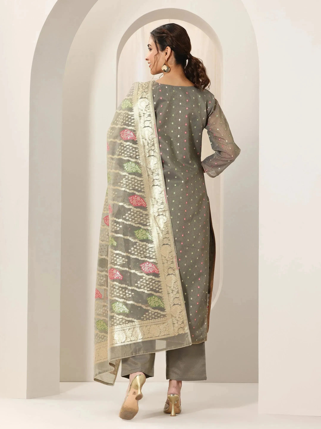  Grey Woven Design Chanderi Silk Straight Suit Set With Dupatta 