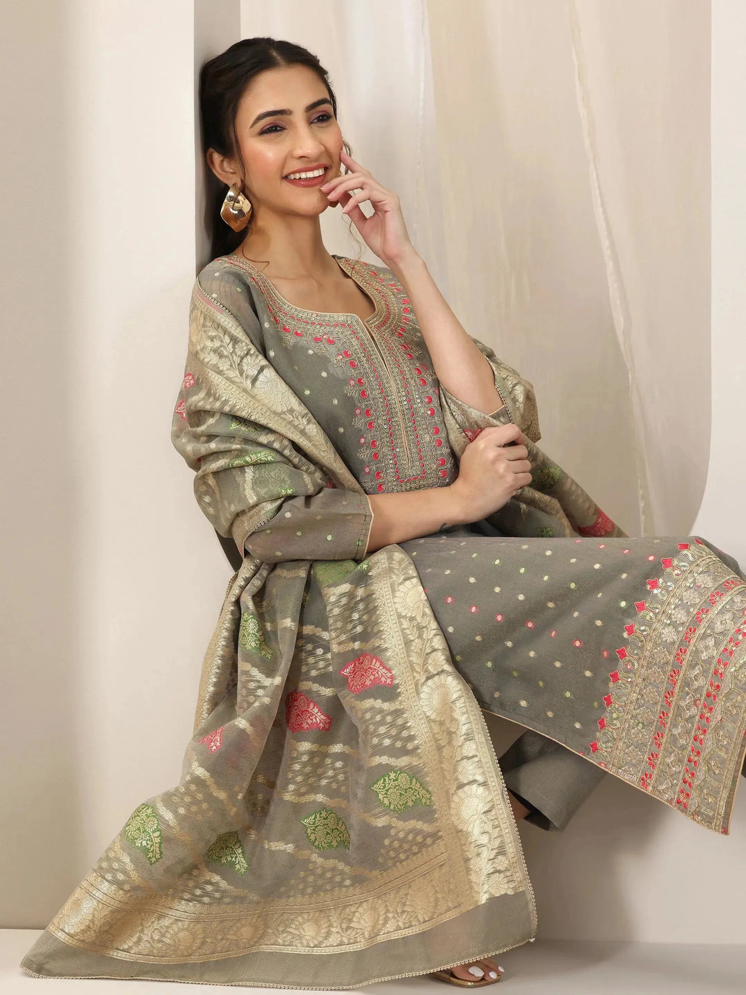  Grey Woven Design Chanderi Silk Straight Suit Set With Dupatta 