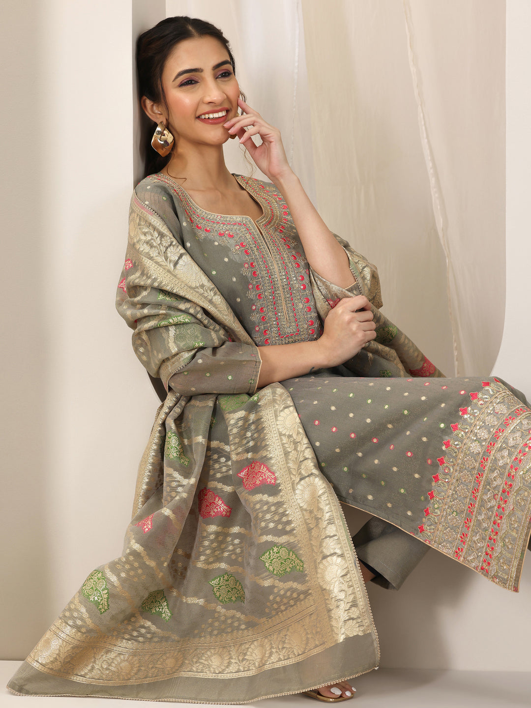  Grey Woven Design Chanderi Silk Straight Suit Set With Dupatta 