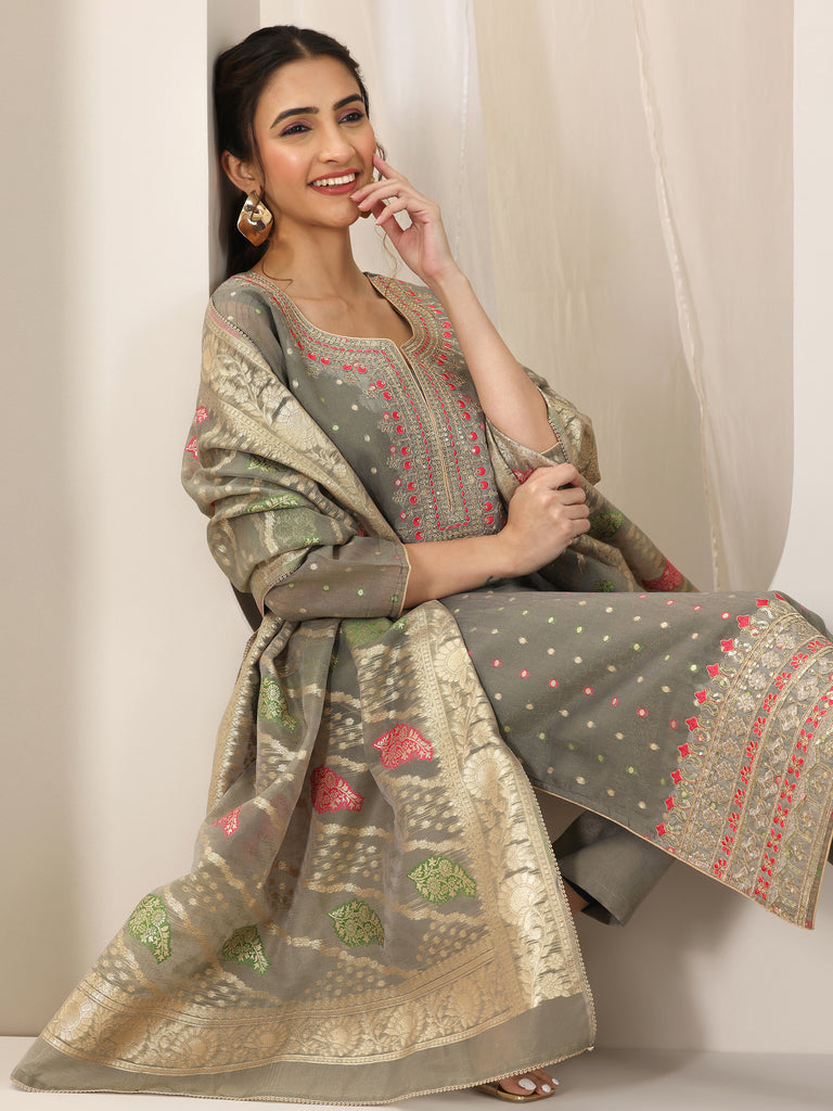 Libas Grey Woven Design Chanderi Silk Straight Suit Set With Dupatta