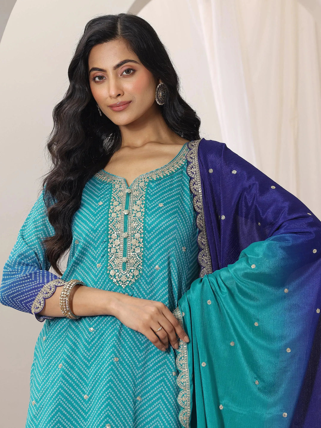  Blue Printed Chinon Straight Suit Set With Dupatta 