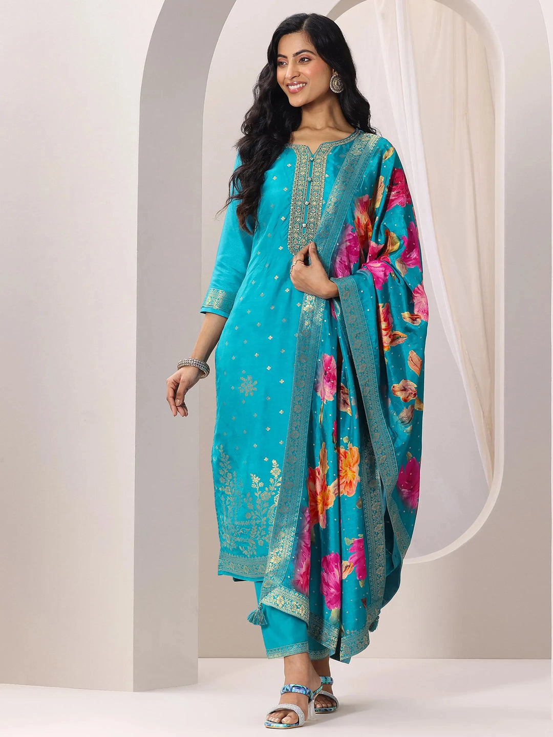  Rama Woven Design Silk Blend Straight Suit Set With Dupatta 