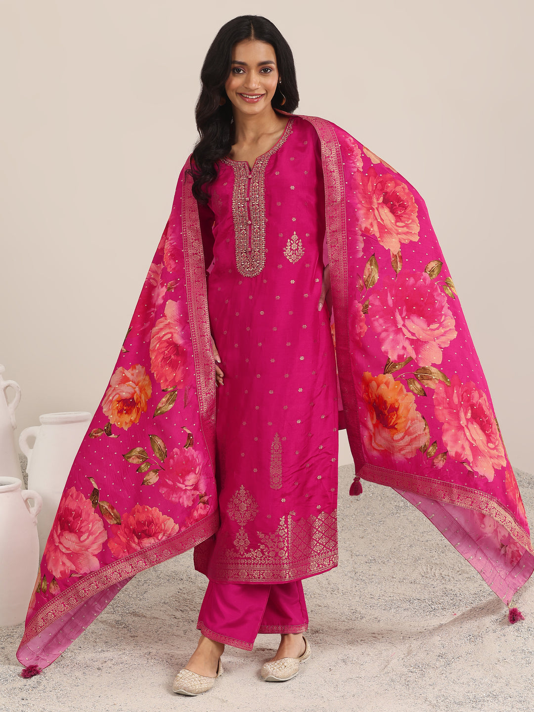  Pink Woven Design Silk Blend Straight Suit With Dupatta 