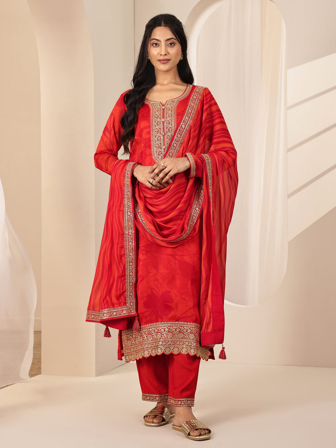  Orange Printed Silk Blend Straight Suit Sets With Dupatta 